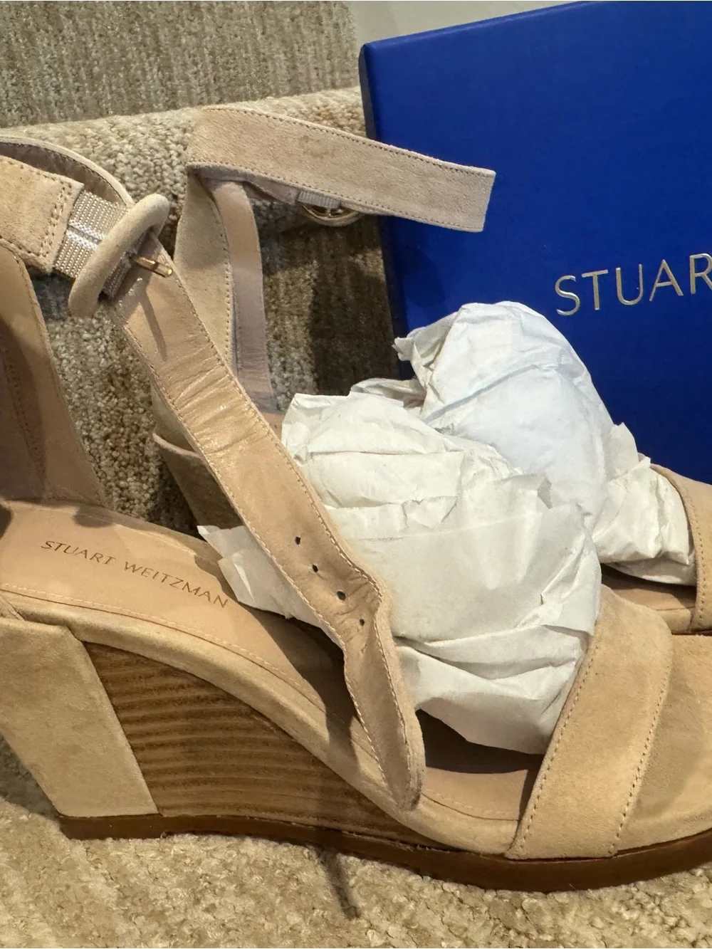 NEW, Never worn Stuart Weitzman Beige Suede Ankle-Strap Sandals - Picture 4 of 10